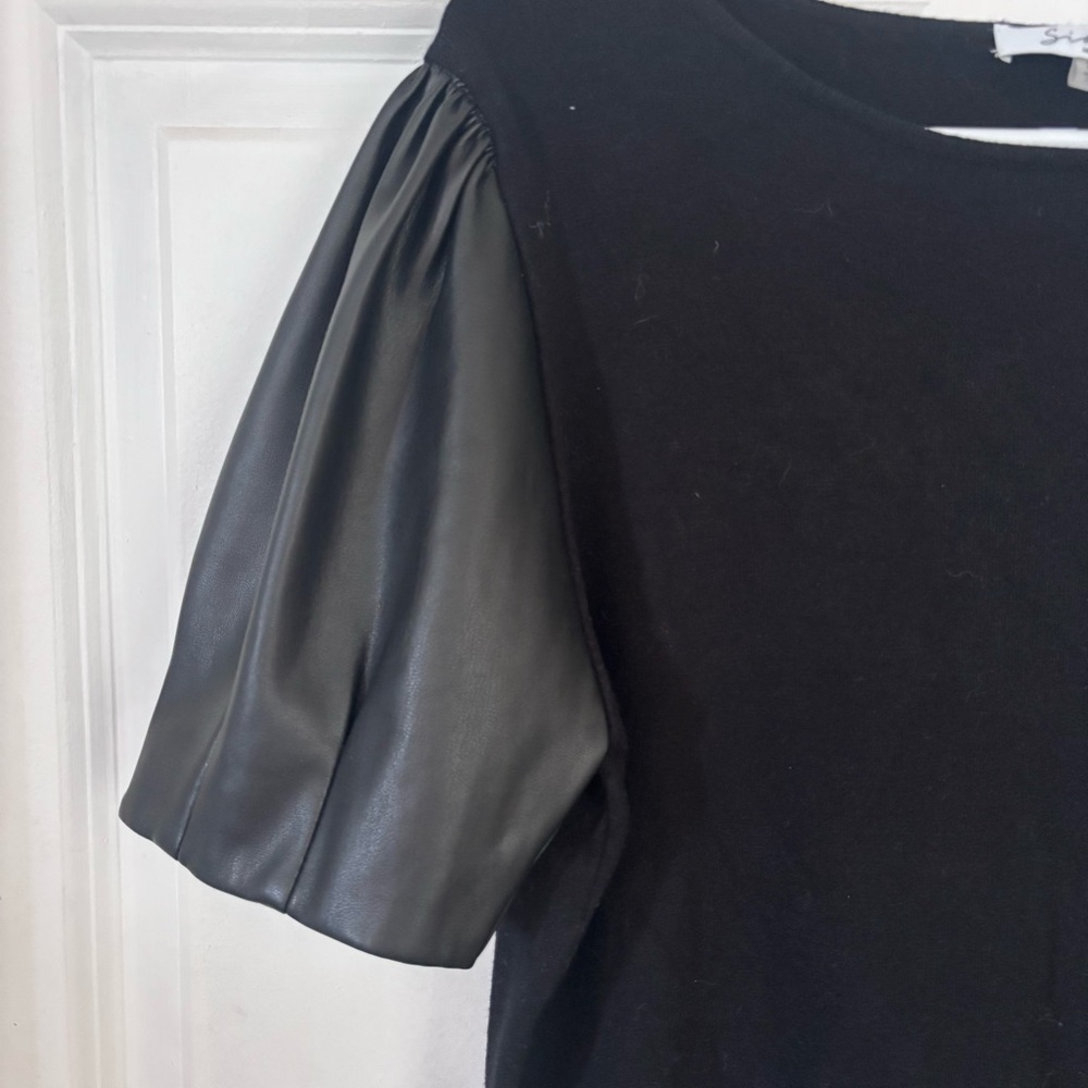 Siani Milano Black Shirt with Faux Leather Puff Sleeves Size XL - Picture 2 of 4